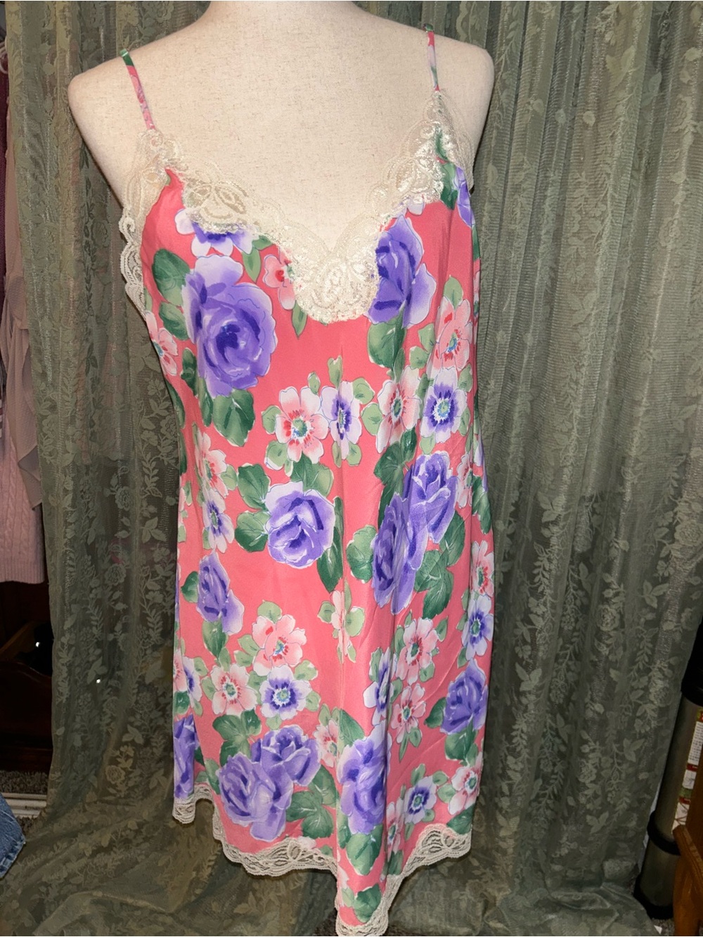 Vintage Victorias Secret Gold Label Floral Rose Coral Pink & Purple Slip Dress